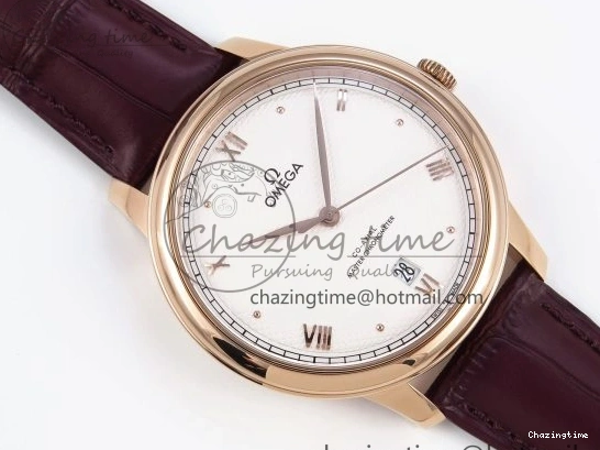 0121 Modern De Ville Date RG MKF 1:1 Best Edition White Textured Dial Roman Marker on Brown Leather Strap A 7752